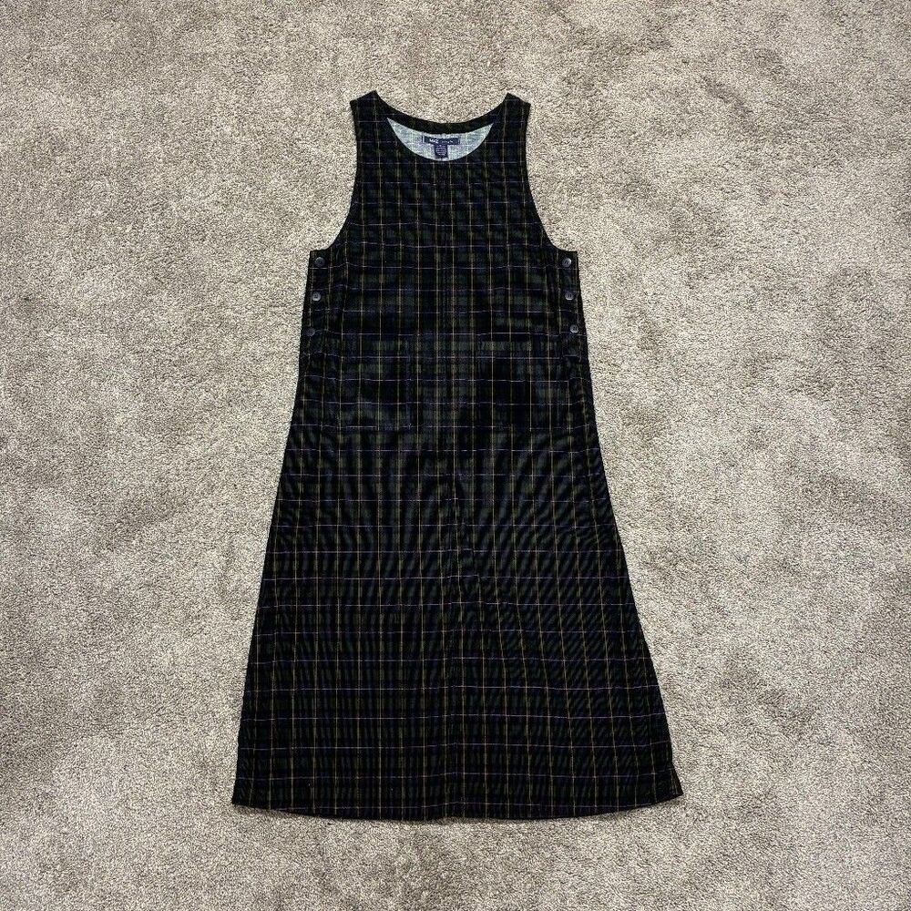 VTG 90s Plaid Midi Dress Jumper Medium Navy Green Corduroy Preppy Dark Academia